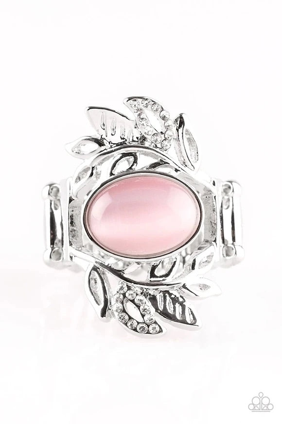 Featuring a pink moonstone center surrounded by four smaller pink moonstones and silver leaves. Features a stretchy band for a flexible fit. Sold as one individual ring.