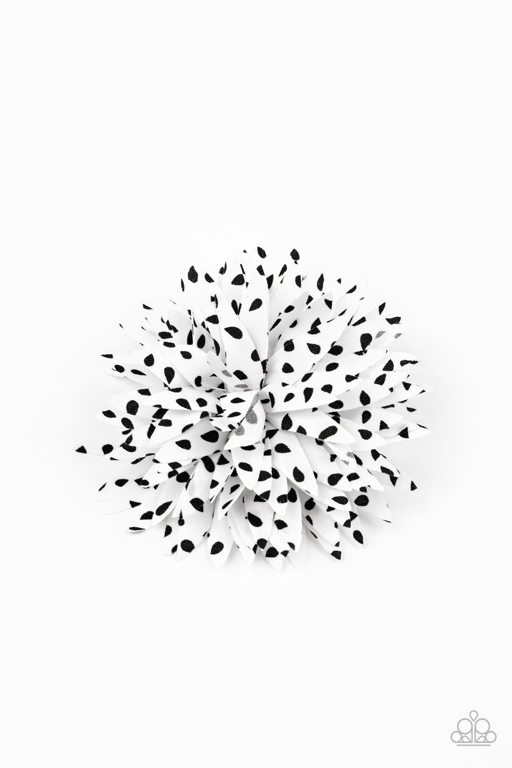 Item #P7SS-WTXX-101XX Dotted in black teardrop polka dots, layer after layer of white petals burst into a boisterous blossom for a playful look. Features a standard hair clip on the back. Sold as one individual hair clip.