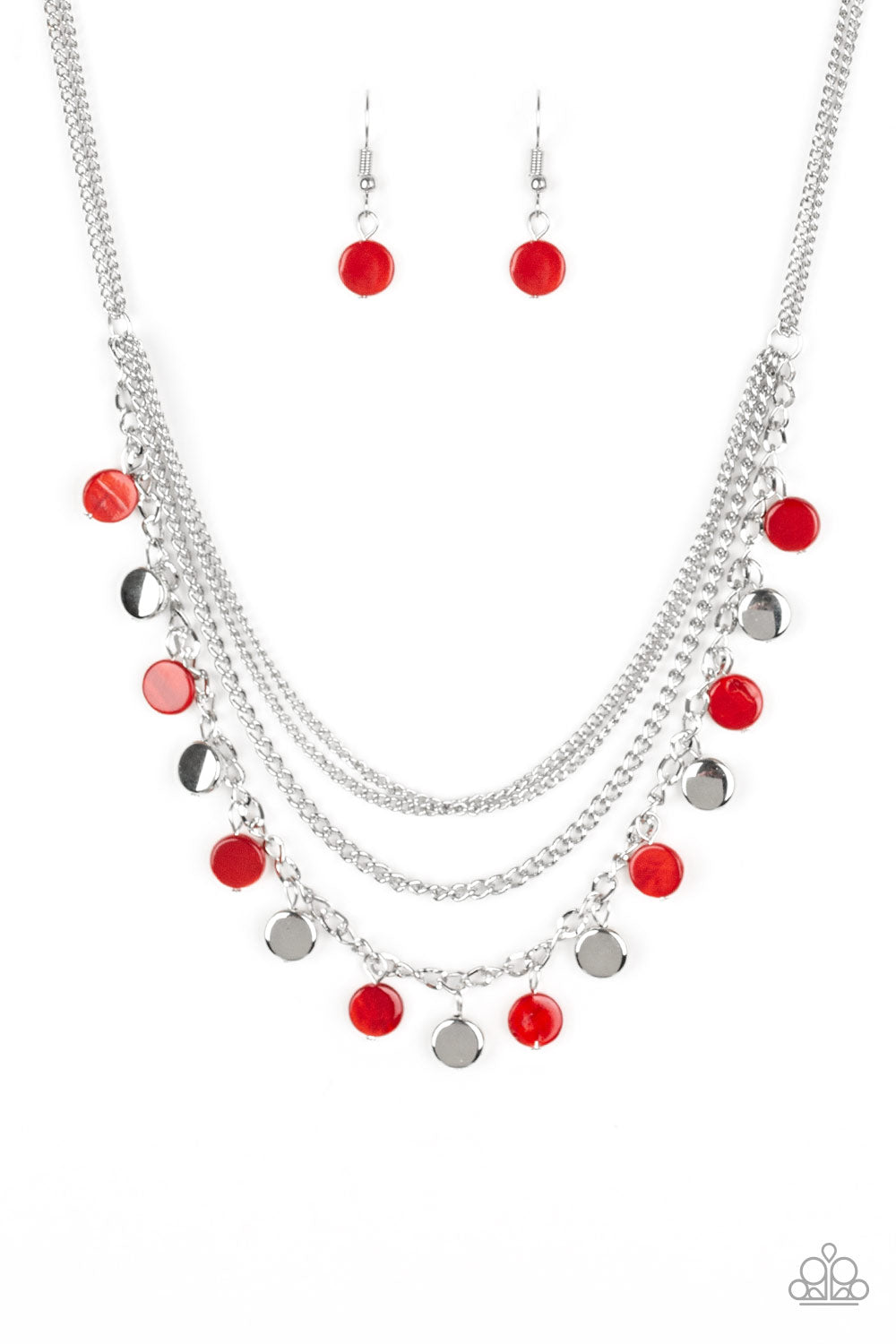Mismatched silver chains layer below the collar. Shell-like red beads and shiny silver beads trickle from the lowermost chain, creating an iridescent fringe. Features an adjustable clasp closure. Sold as one individual necklace. Includes one pair of matching earrings.