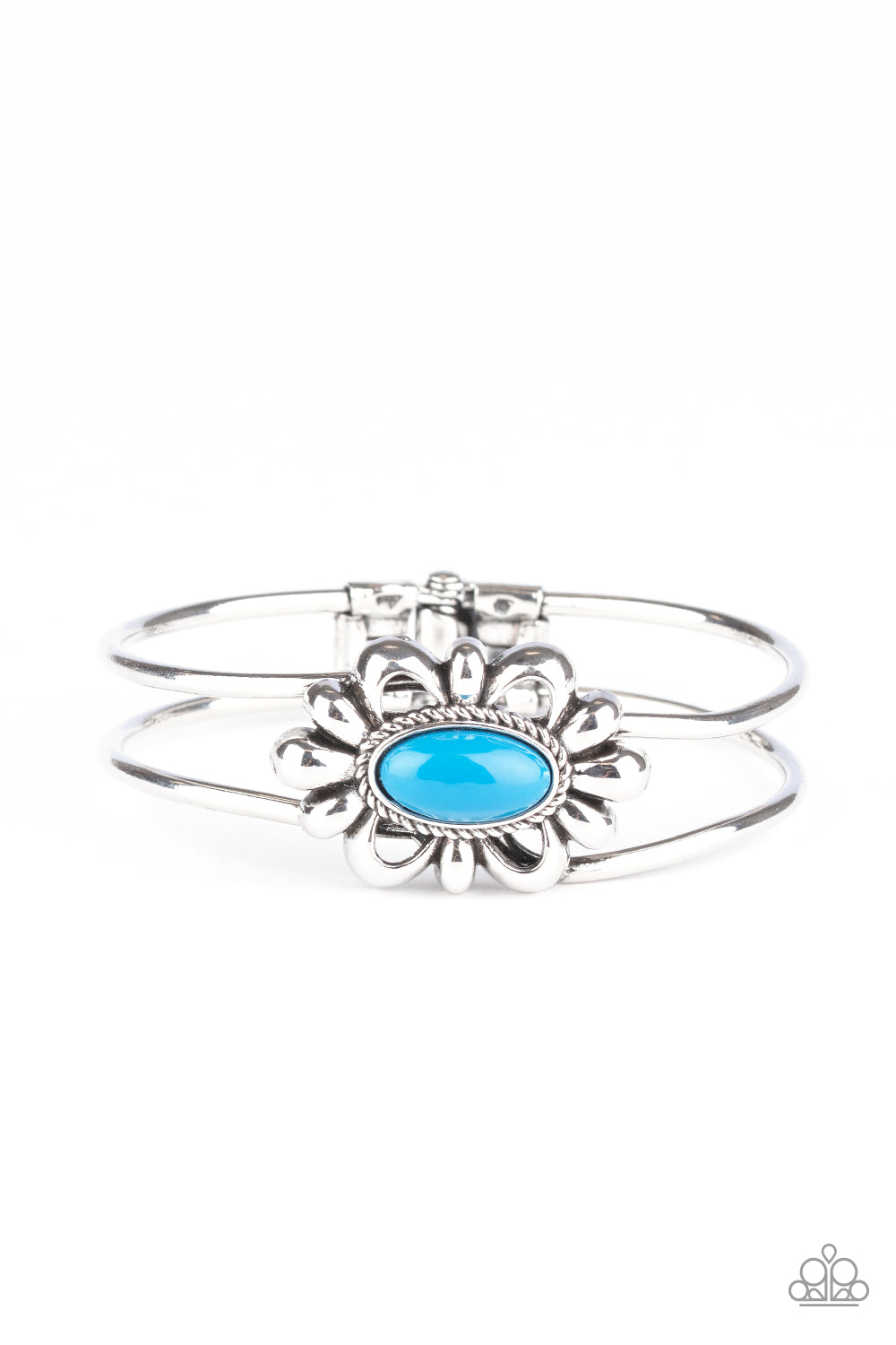 Item #P9DA-BLXX-080XX A refreshing Mosaic Blue bead is pressed into the center of a shiny silver floral frame atop an airy silver cuff, creating a whimsical centerpiece. Features a hinged closure. Sold as one individual bracelet.