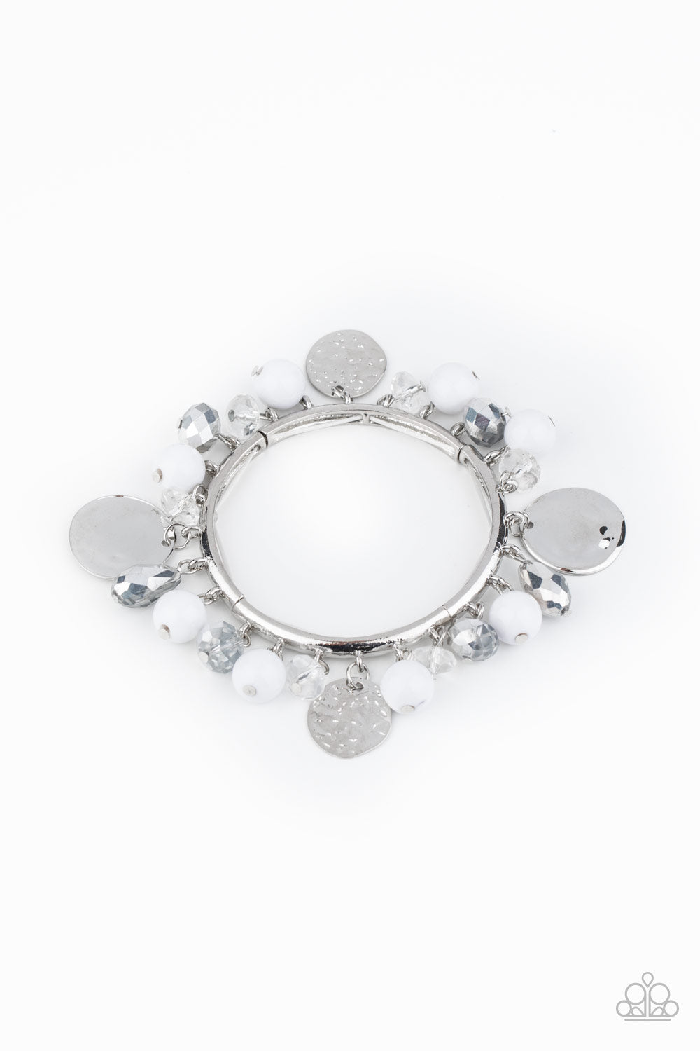 Item #P9WH-WTXX-205XX Sections of hammered silver discs, smoky crystals, polished white beads, and metal flecked crystal-like teardrops dangle from curved silver bars that have been threaded along a stretchy band that wraps around the wrist, creating a shimmering fringe. Sold as one individual.