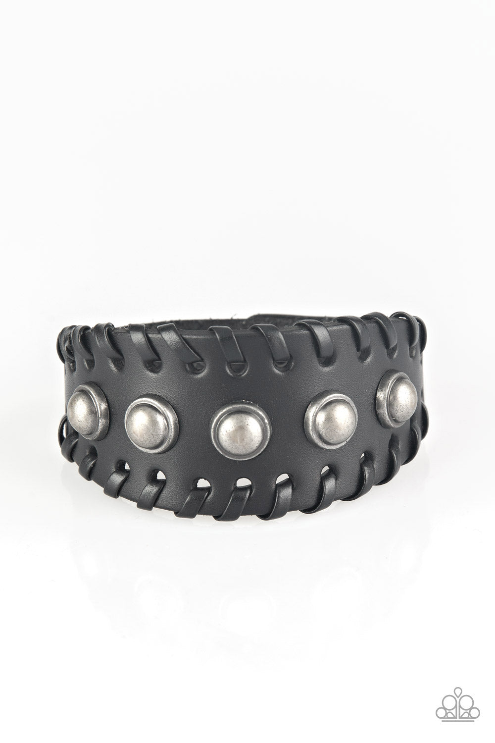 Item #P9UR-BKXX-344XX Infused with leather laces, a row of burnished silver beading is studded down the center of a black leather band for a rustic look. Features an adjustable snap closure. Sold as one individual bracelet.