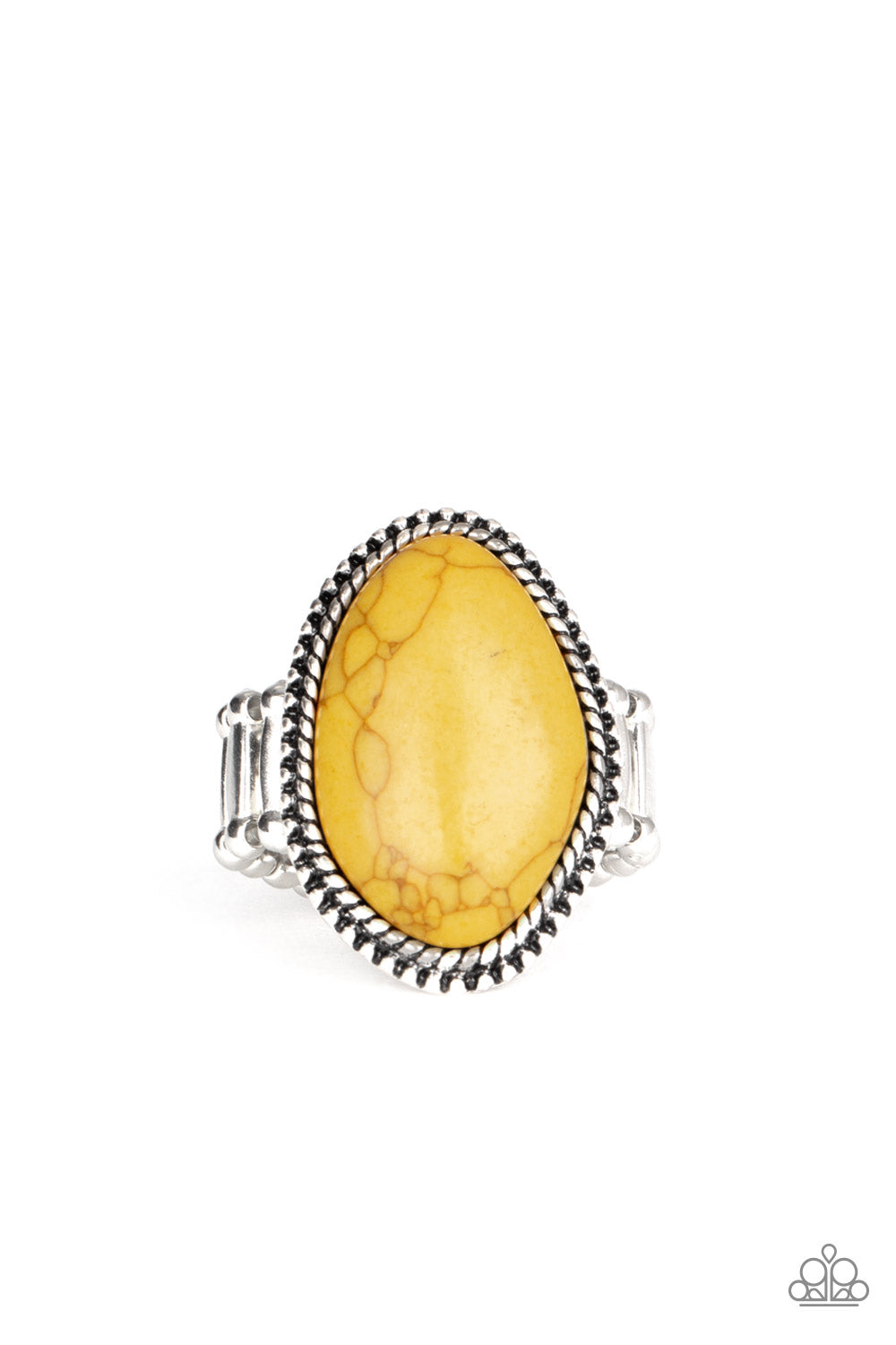 Item #P4SE-YWXX-080XX A smooth yellow stone is pressed into a studded silver frame with asymmetrical borders. Features a stretchy band for a flexible fit. Sold as one individual ring.