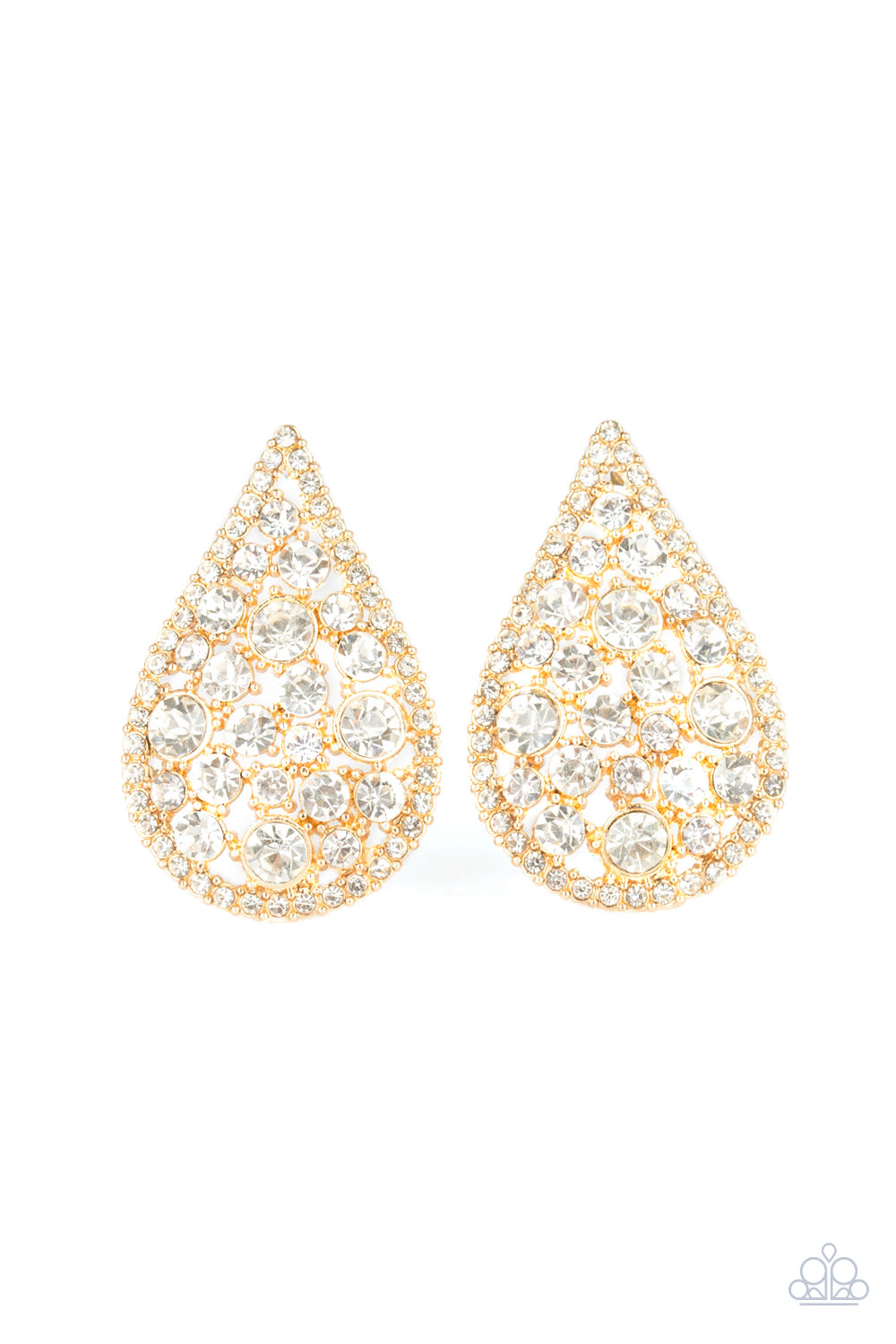 Radiating with glassy white rhinestones, oversized gold teardrops adorn the ear for a dramatic flair. Earring attaches to a standard post fitting. Sold as one pair of post earrings.