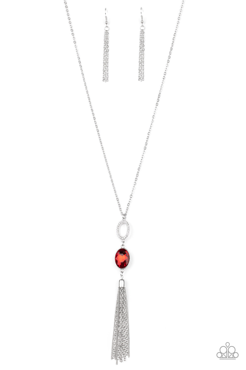 Item #P2RE-RDXX-165SB A white rhinestone encrusted ring, oval red rhinestone, and shimmery silver chain tassel dangles from the bottom of a lengthened silver chain, creating a glamorous statement. Features an adjustable clasp closure. Sold as one individual necklace. Includes one pair of matching earrings.