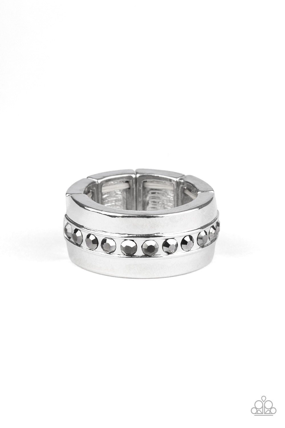 A single row of glassy hematite rhinestones is encrusted along the center of a thick silver band. Features a stretchy band for a flexible fit. Sold as one individual ring.