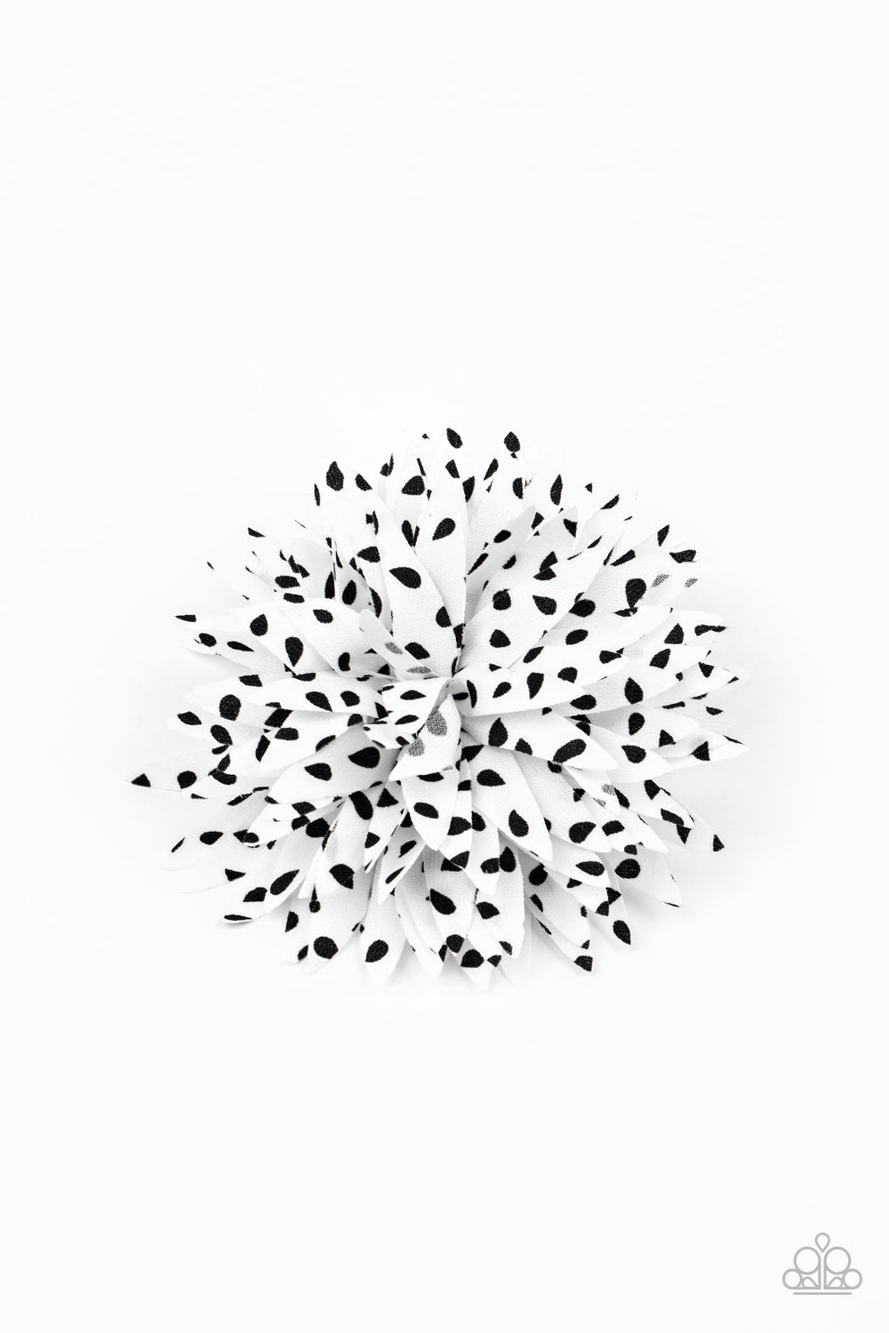 Item #P7SS-WTXX-101XX Dotted in black teardrop polka dots, layer after layer of white petals burst into a boisterous blossom for a playful look. Features a standard hair clip on the back.  Sold as one individual hair clip.