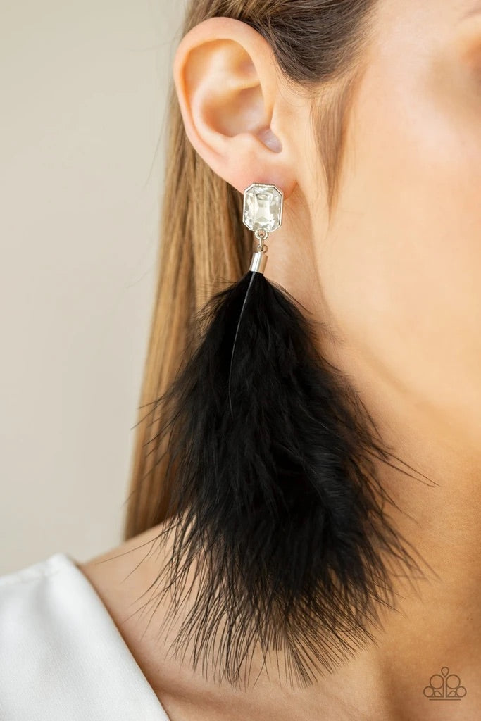 The SHOWGIRL Must Go On! Black Rhinestone Feather Earring