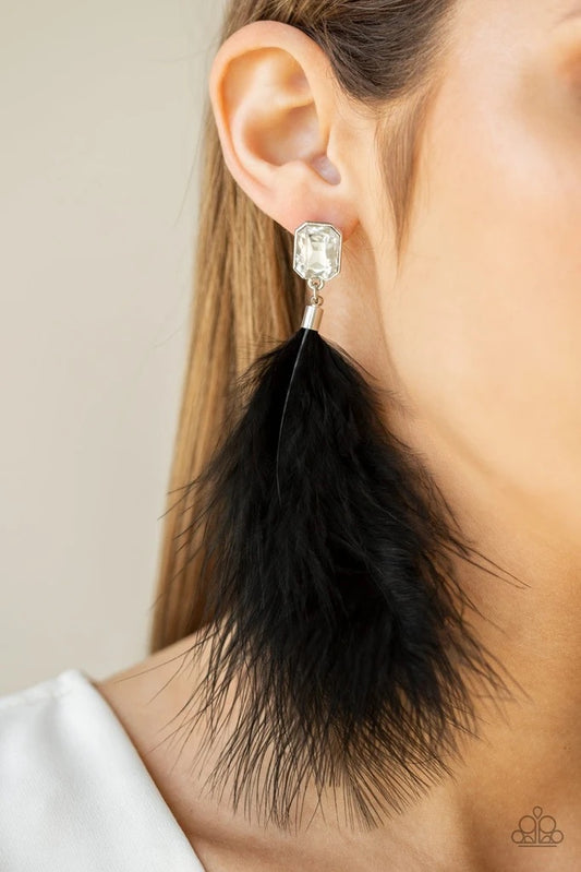 The SHOWGIRL Must Go On! Black Rhinestone Feather Earring