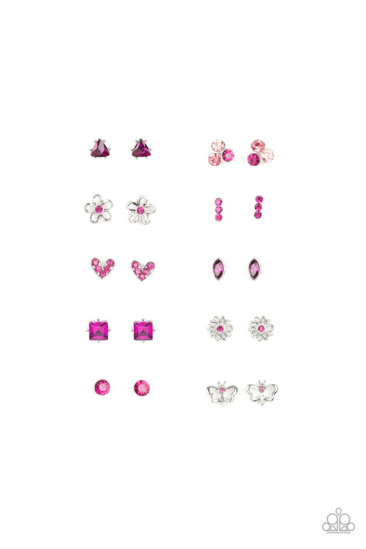 Item #P5SS-MTXX-291XX Ten pairs of earrings in assorted colors and shapes to be retailed at $1 per pair. Featuring pink and/or purple rhinestones, the silver frames vary in shapes of butterflies, hearts, flowers, circles, triangles, squares, and abstract geometric shapes. Earrings attach to standard post fittings.