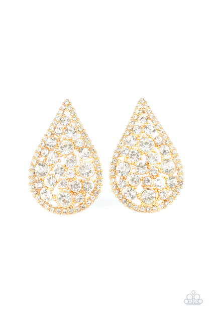 Radiating with glassy white rhinestones, oversized gold teardrops adorn the ear for a dramatic flair. Earring attaches to a standard post fitting.  Sold as one pair of post earrings.