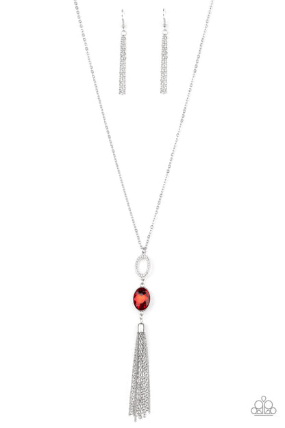 Item #P2RE-RDXX-165SB A white rhinestone encrusted ring, oval red rhinestone, and shimmery silver chain tassel dangles from the bottom of a lengthened silver chain, creating a glamorous statement. Features an adjustable clasp closure.  Sold as one individual necklace. Includes one pair of matching earrings.