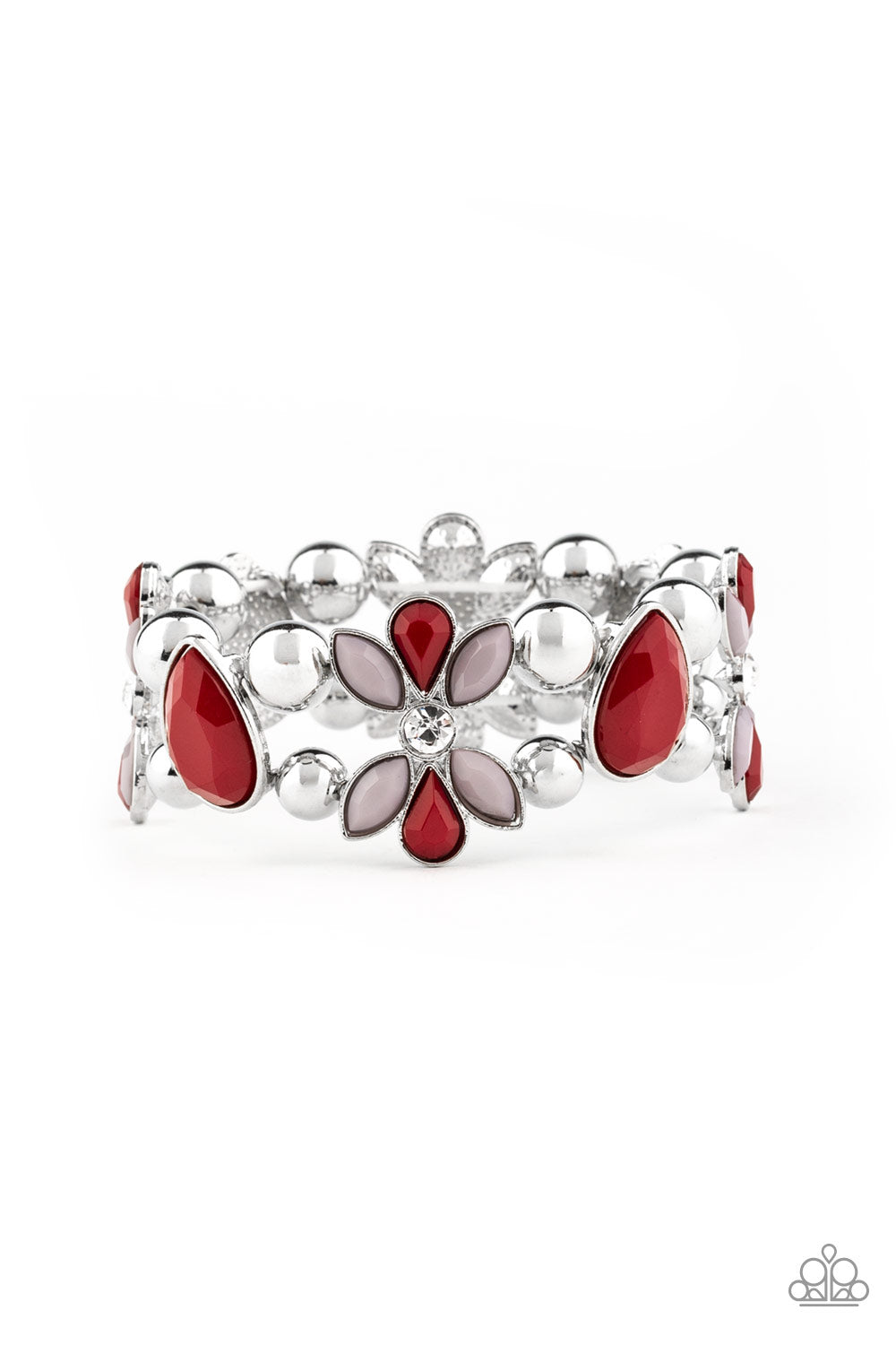 Item #P9WH-RDXX-137XX Featuring wine and Paloma beaded petals, white rhinestone dotted floral frames, shiny silver beads, and faceted wine teardrop beads are threaded along stretchy bands around the wrist for a glamorous look.  Sold as one individual bracelet.