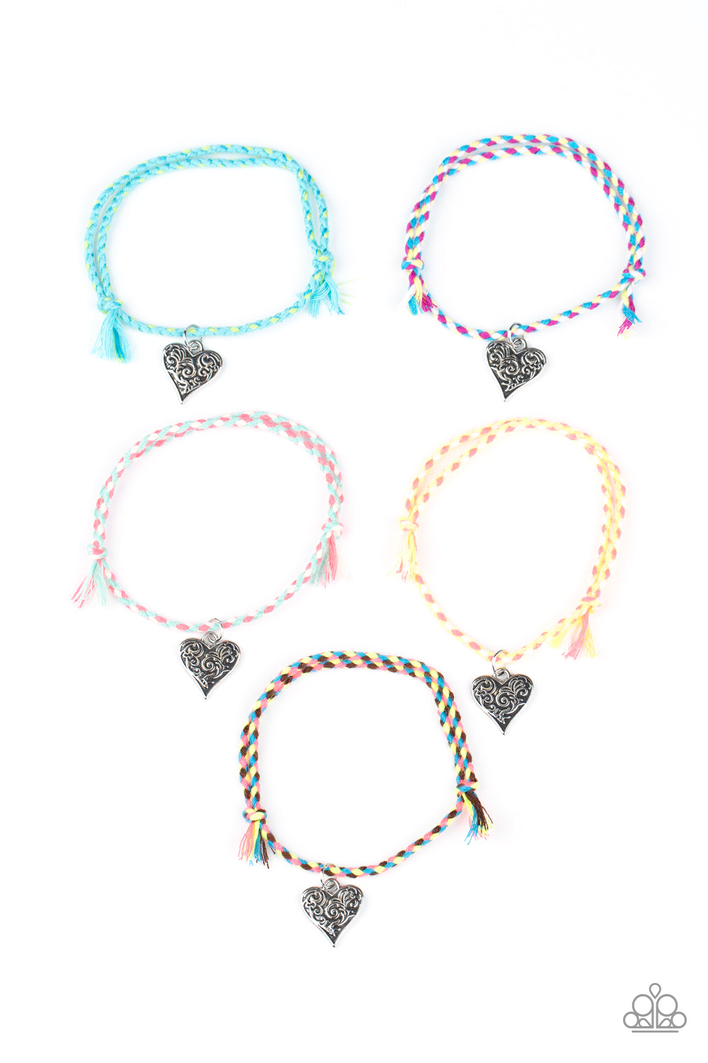 Item #P9SS-MTXX-216XX Pack of ten bracelets in assorted colors and shapes with a retail price of $1 each. Featuring decorative silver heart charms, the colorfully multicolored braided bracelets vary in shades of blue, green, yellow, pink, white, purple, green, and brown. Bracelets feature adjustable sliding knot closures.